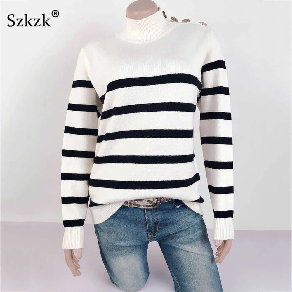 Szkzk Black And White Striped Knit Sweater Button Women Pullover Female Jumper Fall Winter Long Sleeve Turtleneck Sexy Sweaters 211018