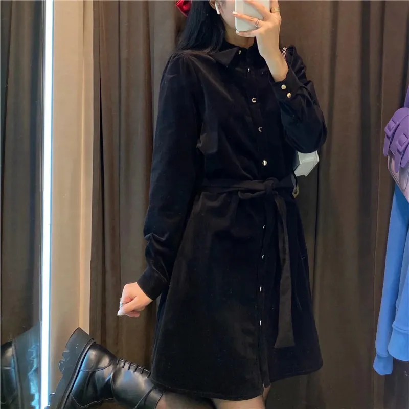 Siyah Kadife Mini Elbise Kadın Sonbahar Moda Bağlı Kemer Uzun Kollu Bayanlar Vintage Fransız Zarif ES 210519