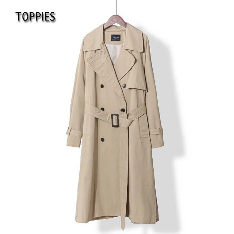 Toppies Langer Trenchcoat aus 100 % Baumwolle, lockerer, übergroßer, zweireihiger Damenmantel mit Gürtel und Windjacke 210825