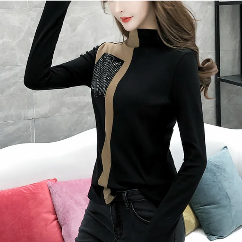 Урожай футболка с длинным рукавом Mujer de Moda одежда женщин Tee карманы одежды корейский Femme Blusas 7557 50 210506