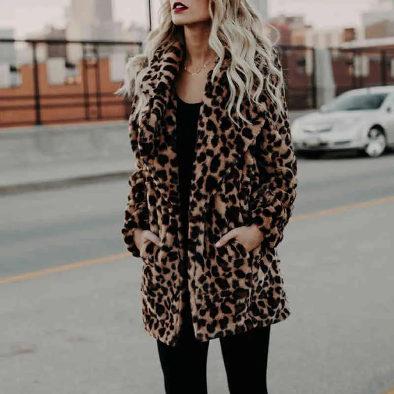 Moda abrigo de invierno abrigo de mujer de lujo de manga larga con cuello de solapa estampado de leopardo de lana grueso cálido Midi de talla grande 3XL 211220