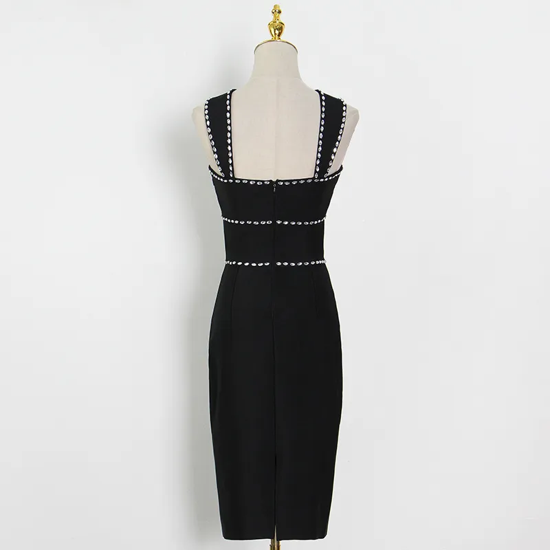 Schwarzes Patchwork-Diamantenkleid für Frauen mit V-Ausschnitt, ärmellos, hohe Taille, solide knielange Kleider, weiblicher Sommerstil 210520