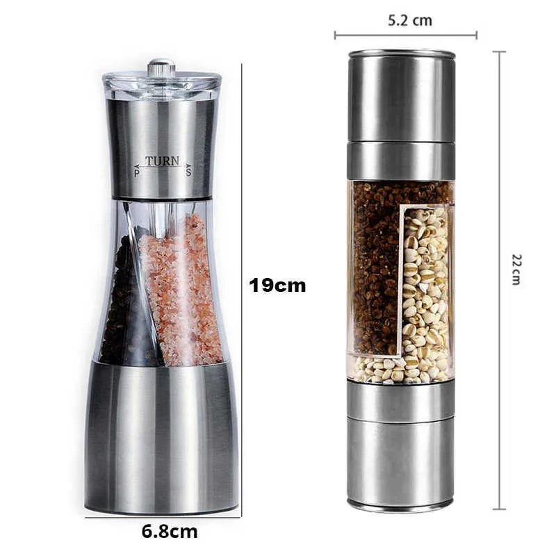 Pimenta e sal de sal 2 em 1 moinho manual de aço inoxidável duplo abanador com ferramentas de cozinha de grosseria ajustável 210712