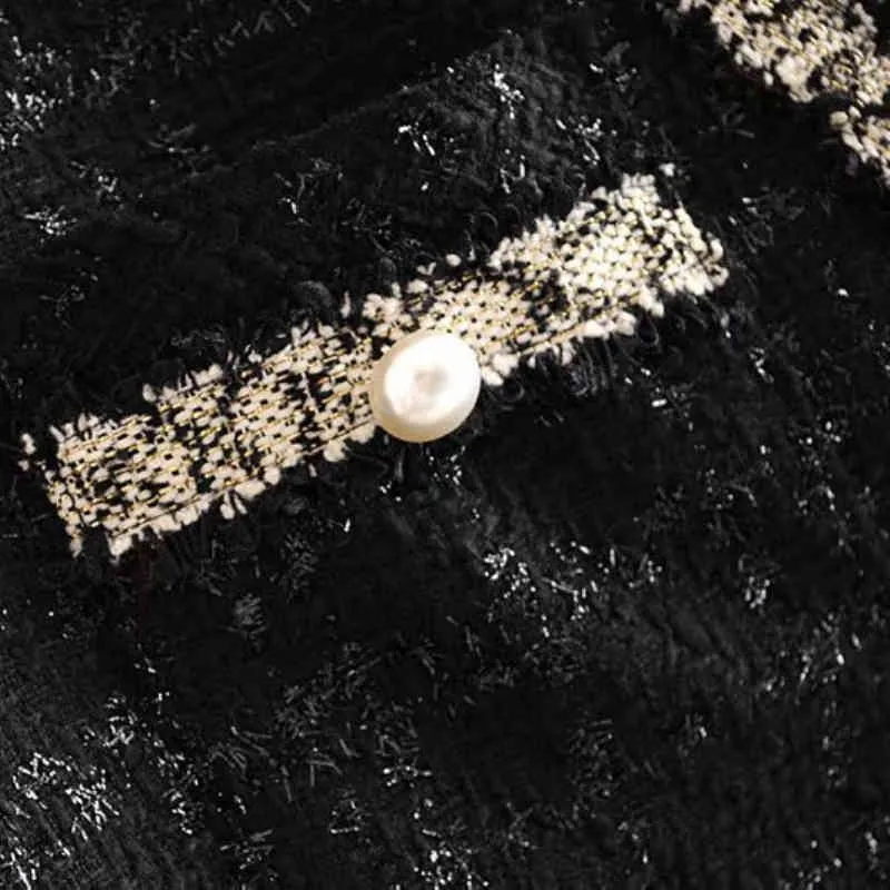Vintage vrouw parel knop v-hals tweed jas mode dames herfst single breasted jas vrouwelijke elegante warme uitloper 210515