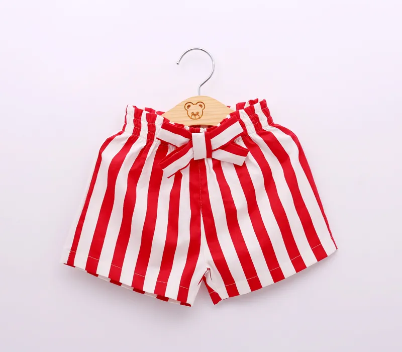 Sommarflickor Kläder Set Fashion Style Children'sclothing Kortärmad Top + Röd Stripe Shorts 2st Kid 210515