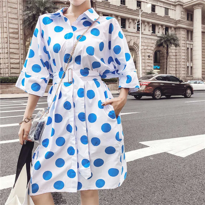 Talvez U Azul Amarelo Polka Dot Imprimir Desligue Colares Camisa Vestido Meia Manga Bolso Sash Mini Vestido Verão D0705 210529