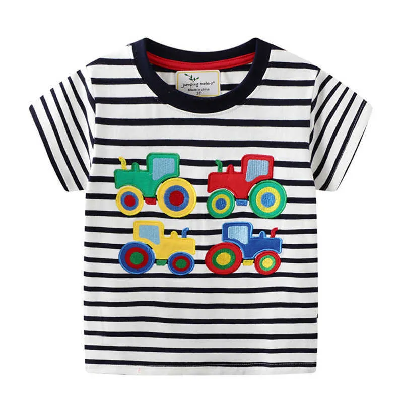 Jumping Meters Summer Cotton Boys Tees Tops With Cars Applique Baby Stripe T shirts Embroidery Kids Clothing 210529