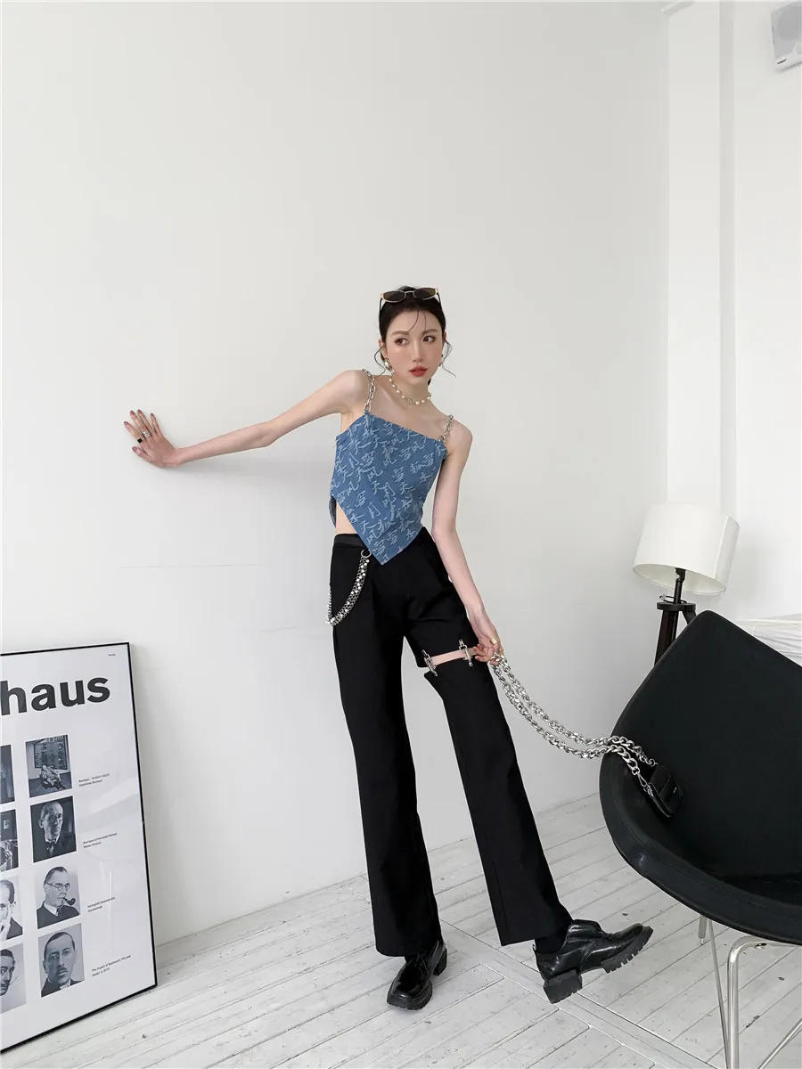 Металлическая цепь спагетти ремешок нарезок верх топ асимметричный жаккардовый джинсовый летний мода синяя трубка Cami одежда 210427