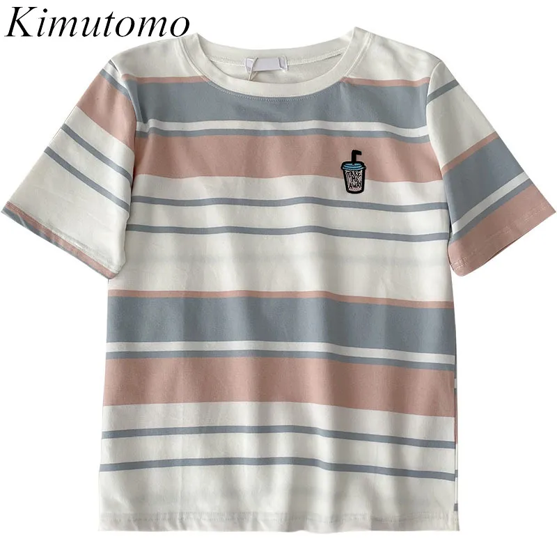 Kimutomo Mode O-cou T-shirt Femmes Mignon Motif De Broderie À Manches Courtes Contraste Couleur Panneaux Rayés Tops Outwear Casual 210521