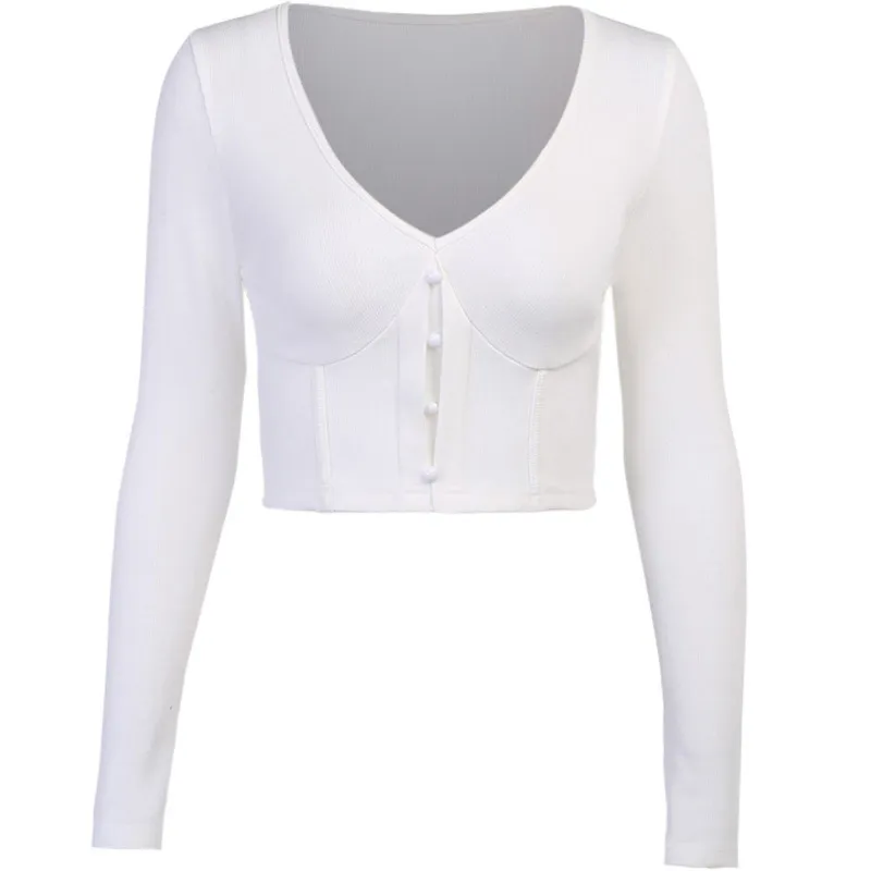 Ezgaga Long Sleeve T Shirts Women V-Neck Solid Button Slim Inside Single Wear Ladies Sexy Tops Y2k Streetwear Casual 210430