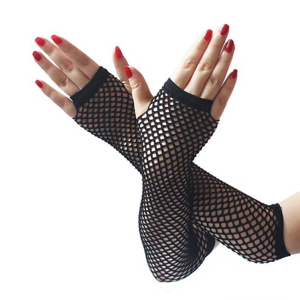 Ladies Neon Sexy Long Fingerless Fishnet Lace High Elasticity Gloves Hand Gloves Girls Punk Goth Dance Mesh Fishnet Glove Y0827