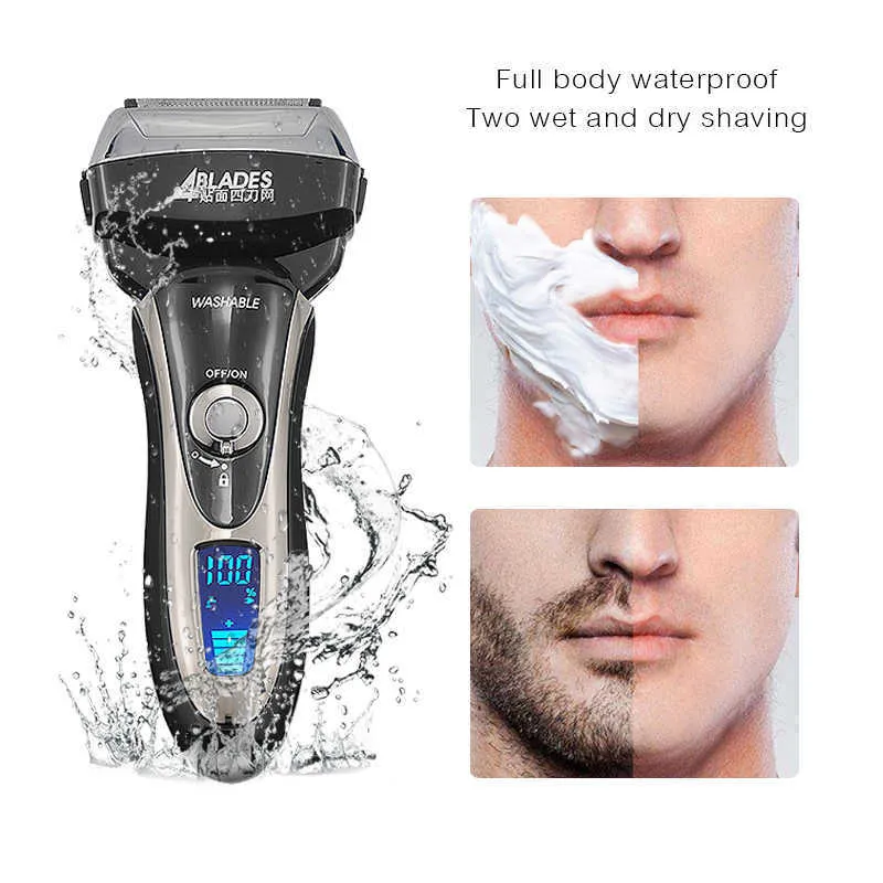 Barbeador facial elétrico Display LCD IPX 6 à prova d'águaRazor for Men 3D Floating Blade lavável USB recarregável Máquina de barbear barba P0817