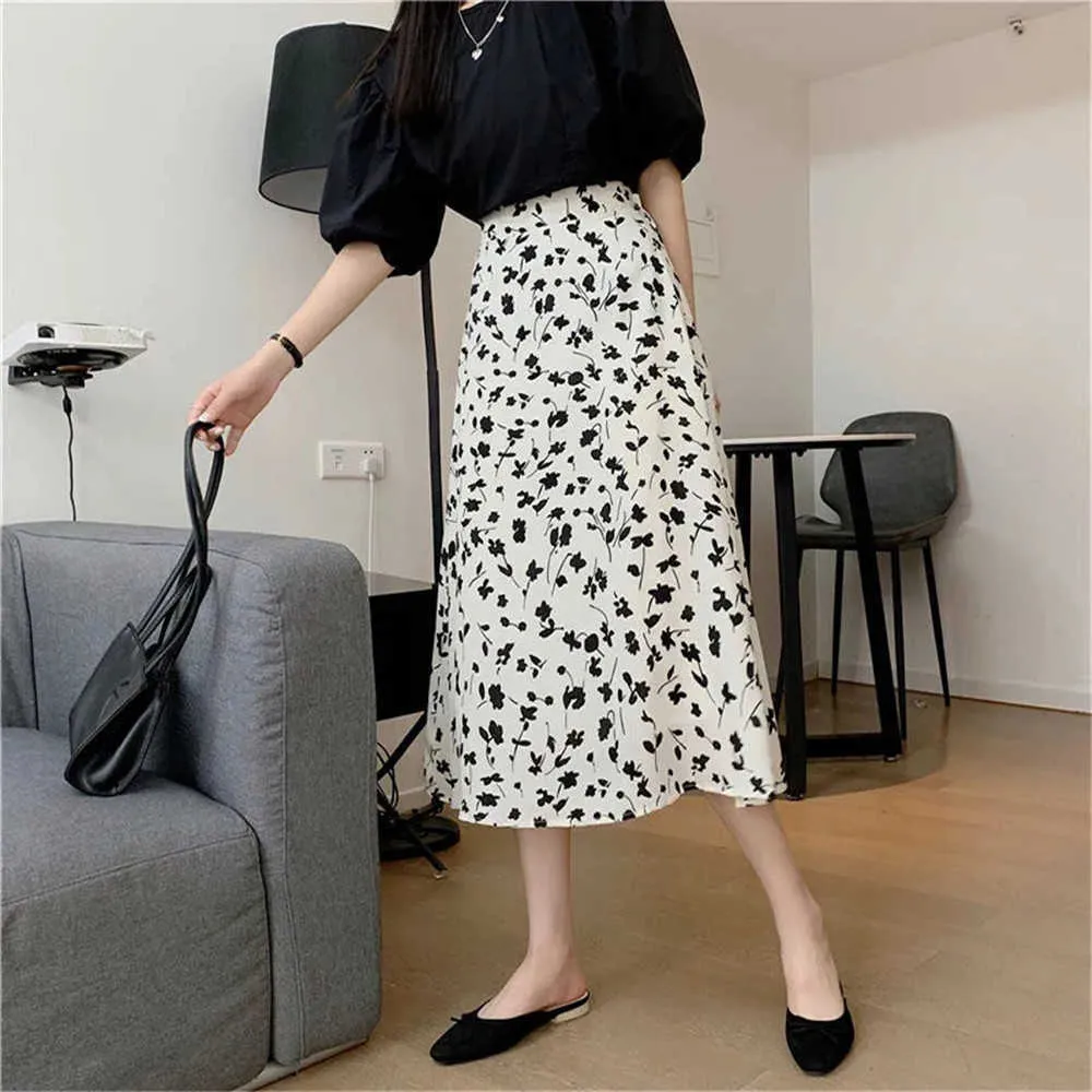 Zomerbloemprint rokken Harajuku High Taille Rooks voor vrouwen Spring herfst Midi Vintage rok Vrouwelijke Koreaanse stijl Lange rok 210619