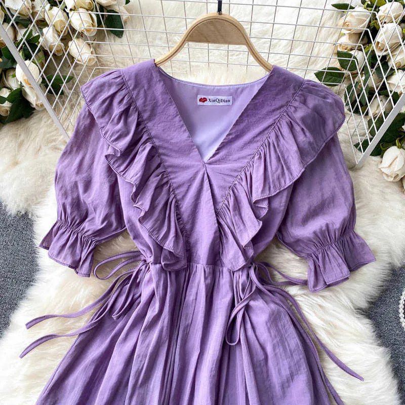 Söt v-hals ruffle hög midja mini klänning kvinnor elegant gul / vit / lila dragsko puff ärme vestidos sommar 2021 mode y0603