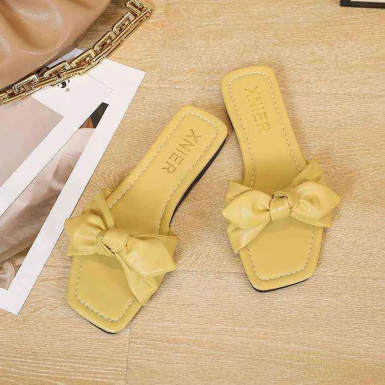 2022 summer fashion women's bow square head sandals and slippers flip flops beach women's slippers large size 35-43 Y220214