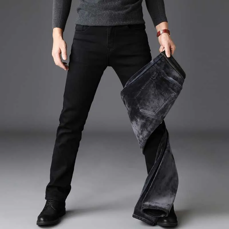 SHAN BAO Fleece Thick Thin Winter Jeans Estilo clásico Hombres ajustados Straight Pure Black Thick Warm Jeans 210531