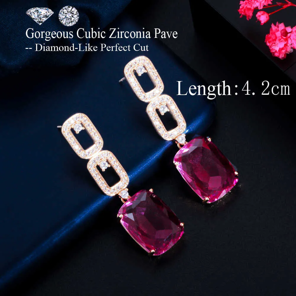 Mode Geometri Square Red Green Cubic Zirconia Crystal Long Dangle Drop Earrings Smycken Pendientes CZ853 210714
