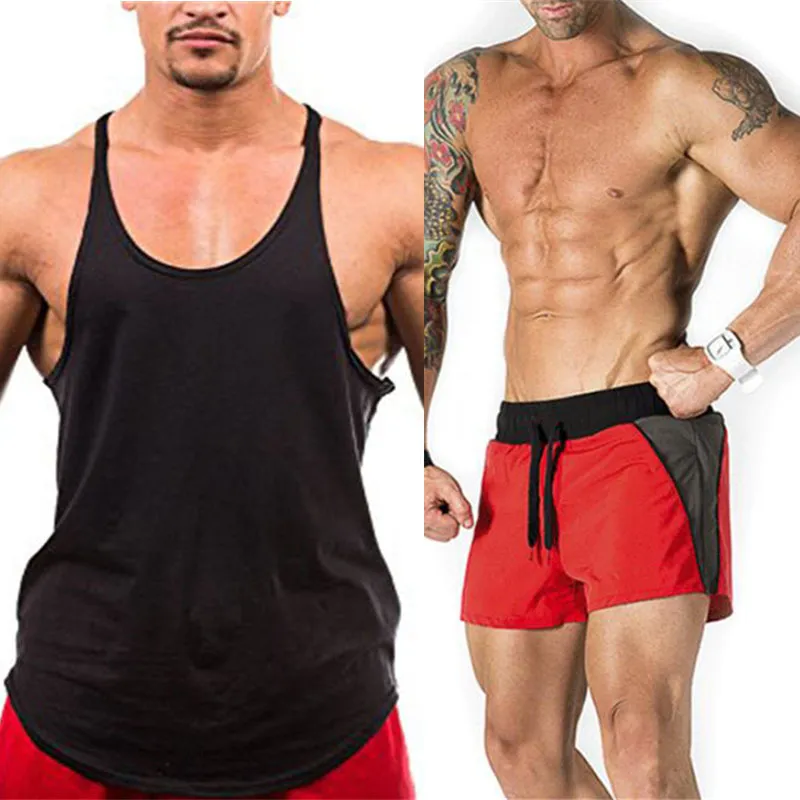 Nouveau Ensembles Plain Gym Vêtements Fitness Survêtement Hommes Bodybuilding Stringer Débardeur + Shorts Hommes Jogging Survêtement 210421