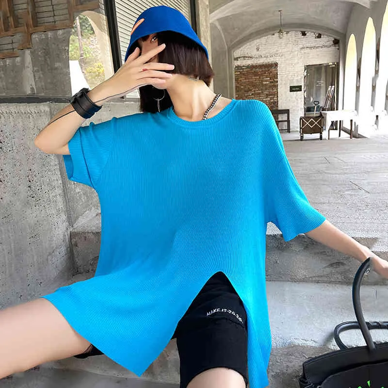 [EAM] femmes bleu grande taille décontracté asymétrique fente tricot T-shirt col rond manches courtes mode printemps été 1DD7980 21512