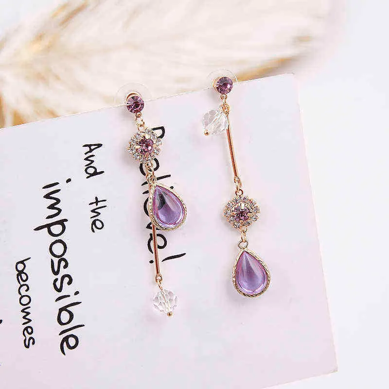 Korean Purple Rhinestone Love Heart Flower Dangle Earrings Long Water Drop Crystal Jewelry Pendientes For Women Fashion Brincos G220312