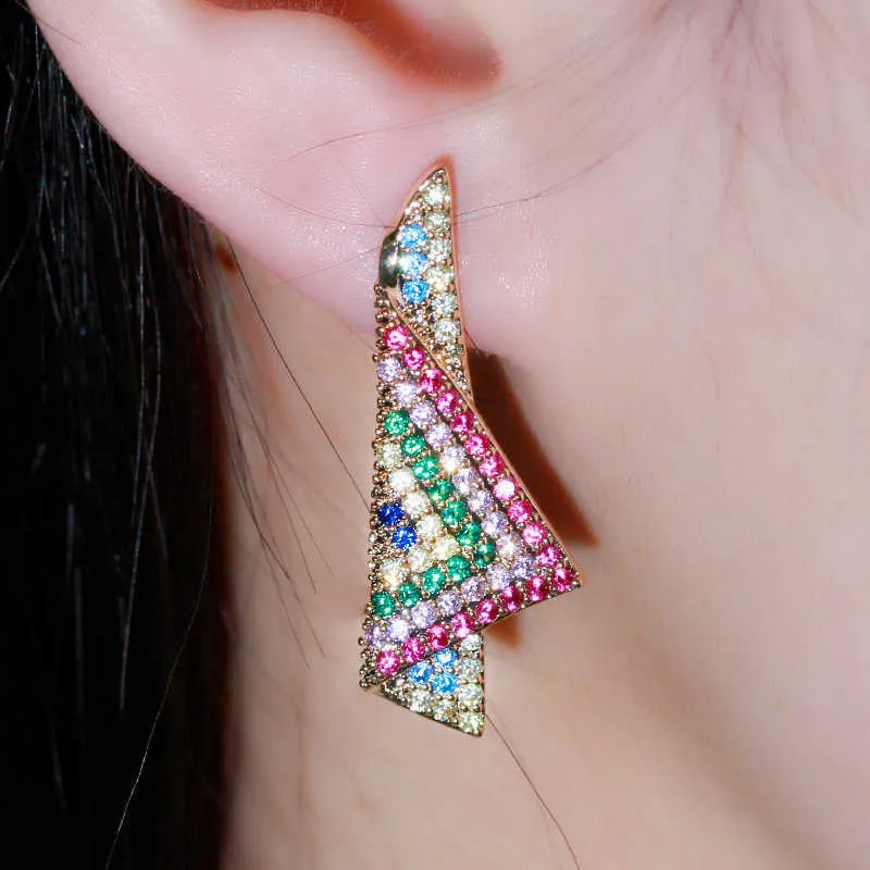 Micro Pave Colorful Cubic Zirconia Stone Gold Color Beautiful Cute Ethnic Earring for Women Unique Jewelry Gift CZ778 210714