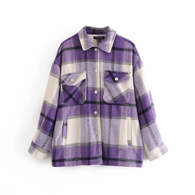 Casual Woman 6 Färg Plaid Shirt Coat Fashion Ladies Höstens överdimensionerade Ytterkläder Kvinnor Slå ner Krage Jackor 210515