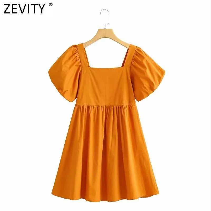 Zevity femmes Vintage col carré manches bouffantes solide Mini robe femme Chic côté fermeture éclair plis rétro Vestidos DS8314 210603