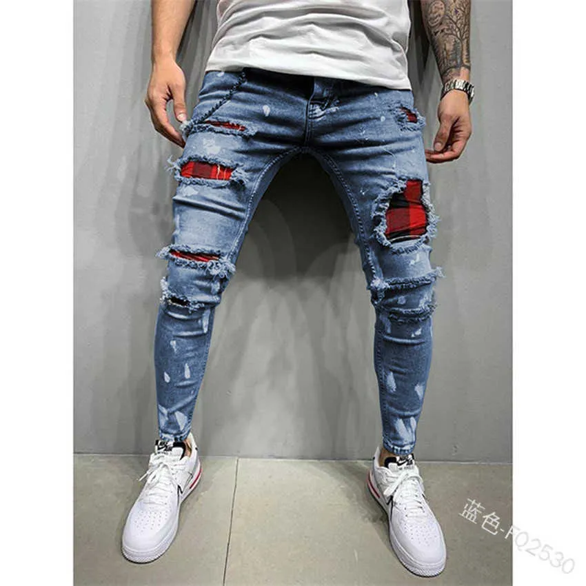 Джинсы мужчины бренда стильная вышивка разорвана джинсовые брюки байкер тощий тонкий прямой потертый джинсовые брюки хип-хоп узкие джинсы мужчина х0621