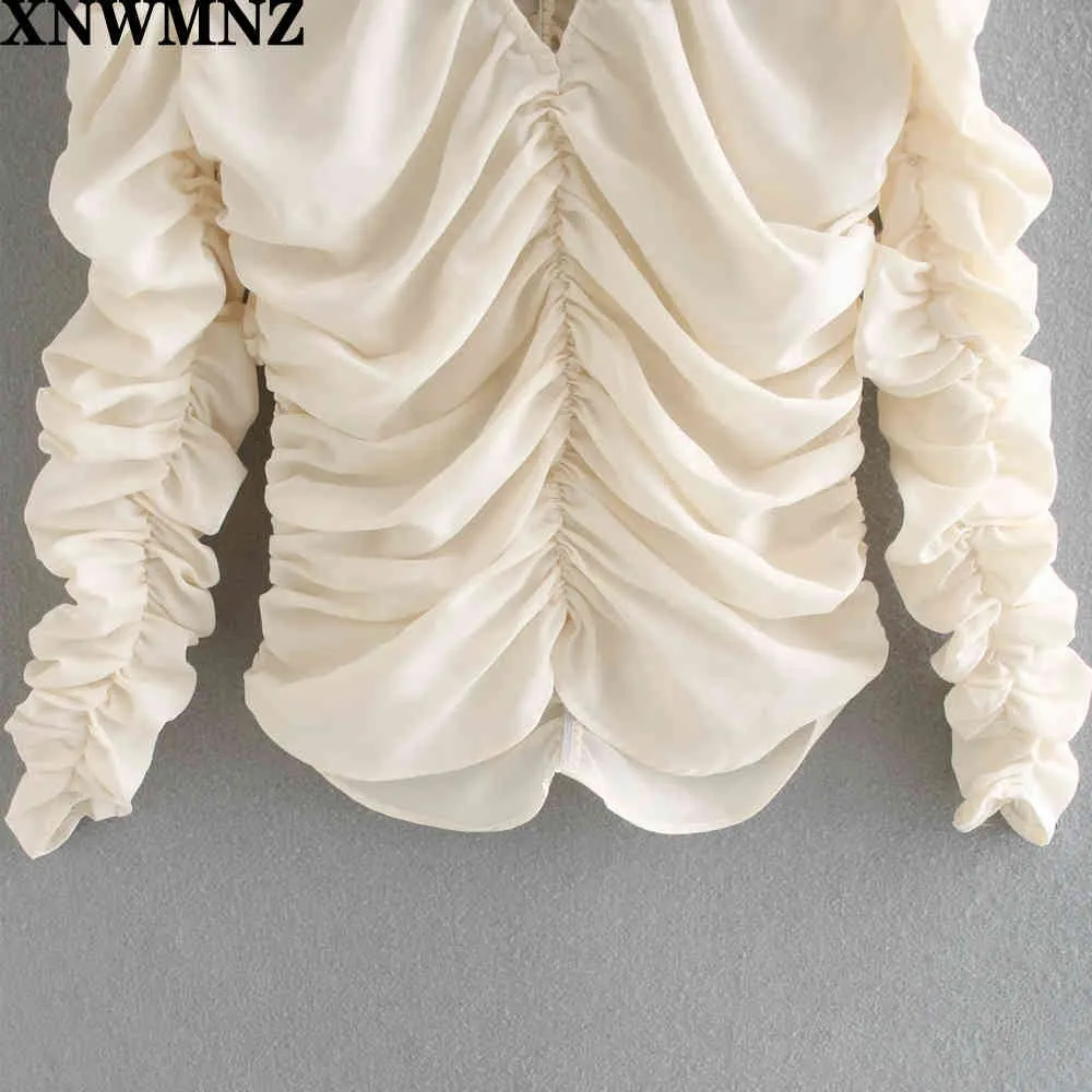 Femmes Mode avec élastique Rassemblement Blouses plissées Vintage Col V Manches longues Chemises féminines Blusas Chic Tops 210520