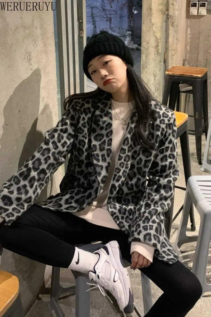 Werueruyu Dames Lange Mouw Revers Collar Leopard Wollen Dikke Warme Midi Jas Damesjas Jas Streetwear Dames Overjas 210608