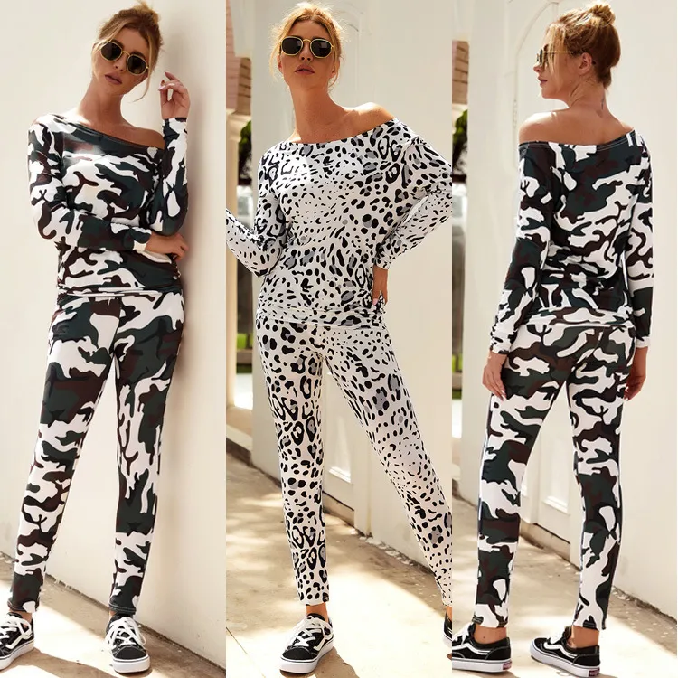 Autunno Camo 2 pezzi Set Donna Streetwear Abiti Sexy Pullover con stampa Slim Top + Elastico in vita Pantaloni con tasca Lady Leopard Tuta 210507