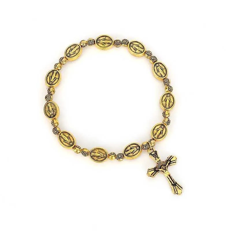 Katholieke Golden Jesus Cross Armband Jesus Jewel Sacred Heart Rosary Benevolentie Heilige Icon Religieuze Beaded Armband Q0719