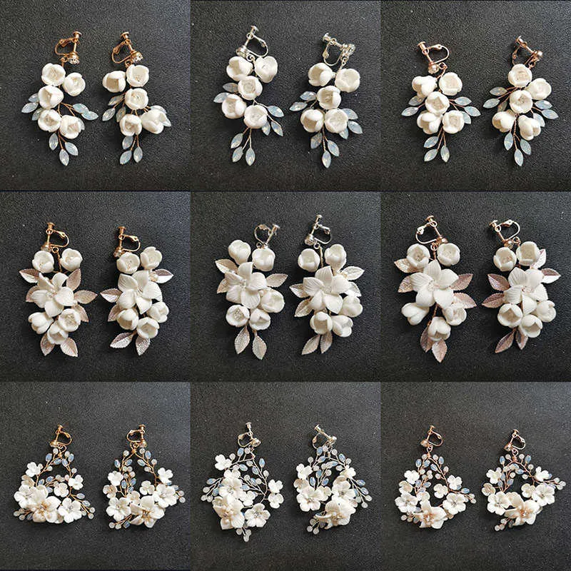 SLBRIDAL-boucles d'oreilles en cristaux de perles faites à la main, fleur de céramique, lustre de mariage, bijoux à la mode pour femmes, 2106246665753