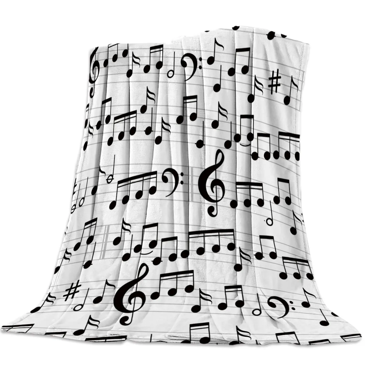 Note de musique couverture en flanelle noire et blanche pour lit, couverture polaire douce Portable, couvre-lit en peluche amusant imprimé