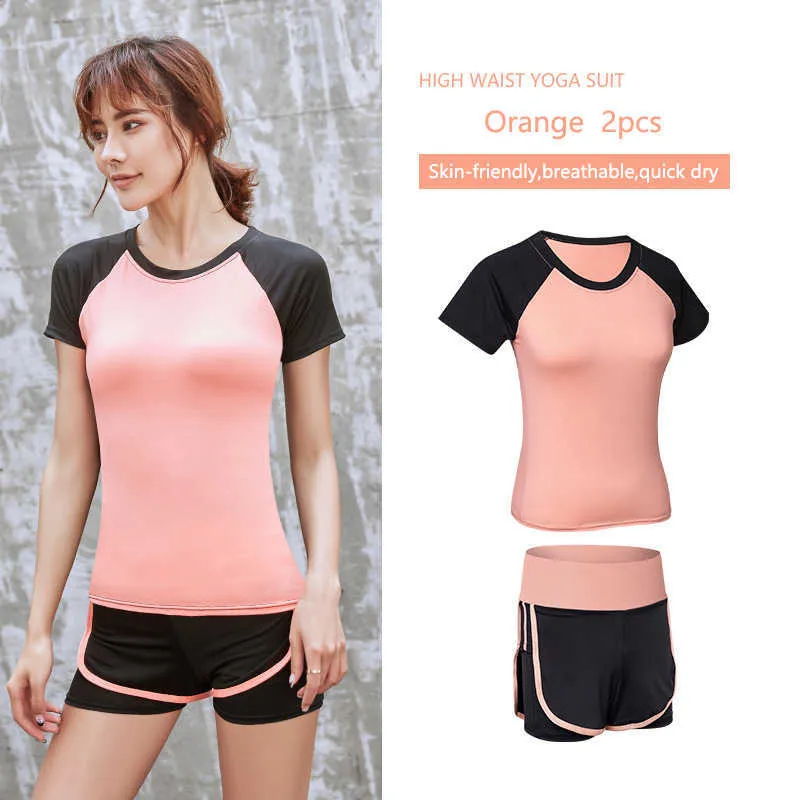 SALLEFO Feminino Mulheres Terno Camisas de Manga Curta e Calças de Yoga para Verão Primavera Escuro Cinza Preto Running Fitness Set 210802