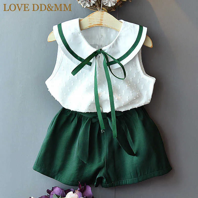 LOVE DD&MM Girls Sets Summer Children's Wear Cute Girl Bow Doll Collar Sleeveless Shirt + Chiffon Loose Tie Shorts Set 210715