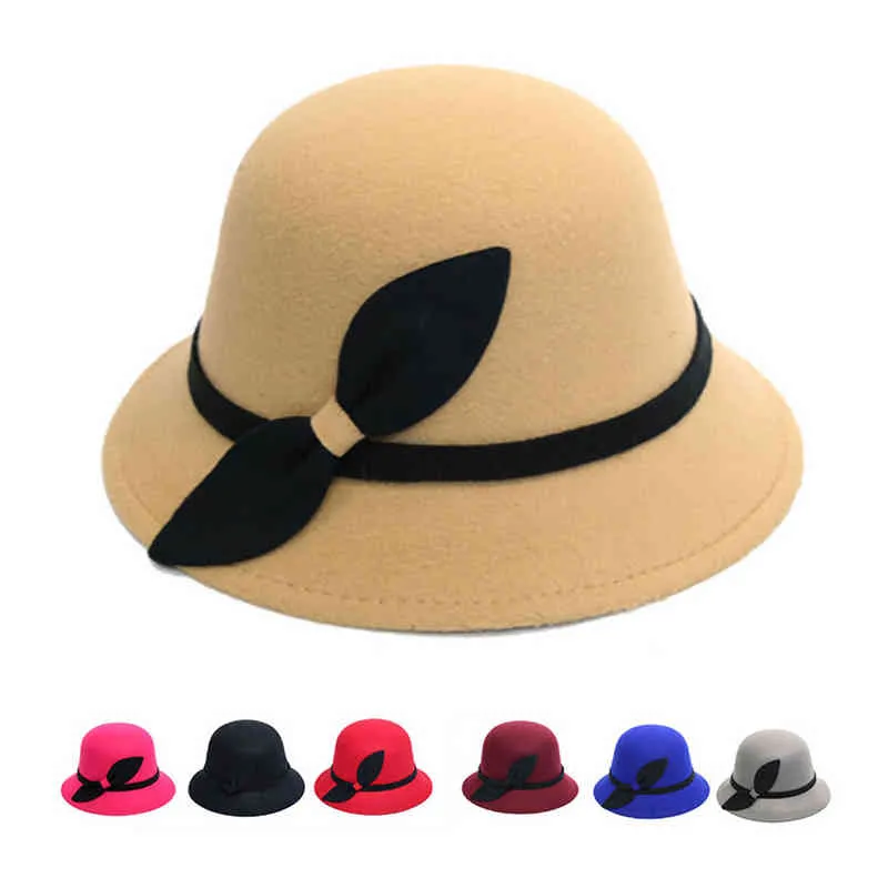 Classic British Fedora Hat Kvinnor Imitation Woolen Winter Felt Hattar Fashion Jazz Hat Fashion Bowler Party Cap Bow Chapeau Y220301