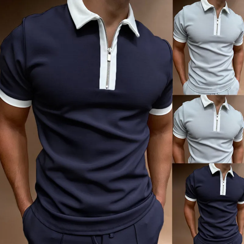Men's Golf Shirt Summer Solid Color Short Sleeve Zipper Lapel Casual Lean Trend Premium T-shirt 220308