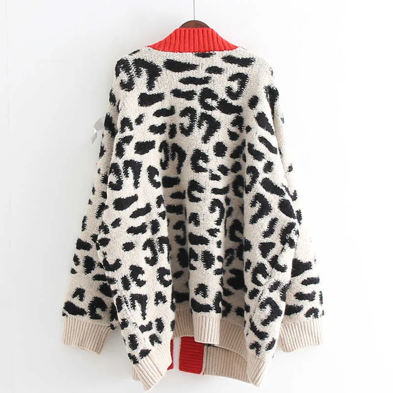 Open Stitch Leopard Casual Cardigans Women Fashion Long Sweater and Cardigans Red and Yellow Oversized Knit Jacket Out Coat 210812