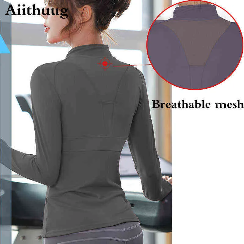 Aiithuug Women's Long Sleeves Sports Running Shirt Breathable Gym Workout Top Women's Yoga Jackets with Zipper with Finger Holes 211224