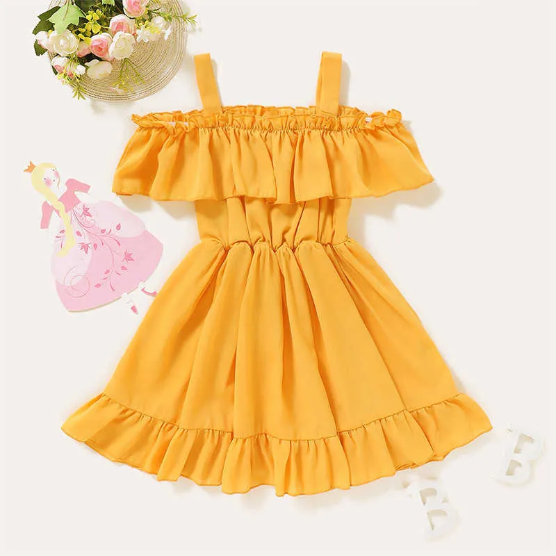 Einfarbig Schulterfrei Mädchen Sommerkleid Chiffon Rüschen Kinder Outfit Schöne Prinzessin Kinderkleidung Q0716