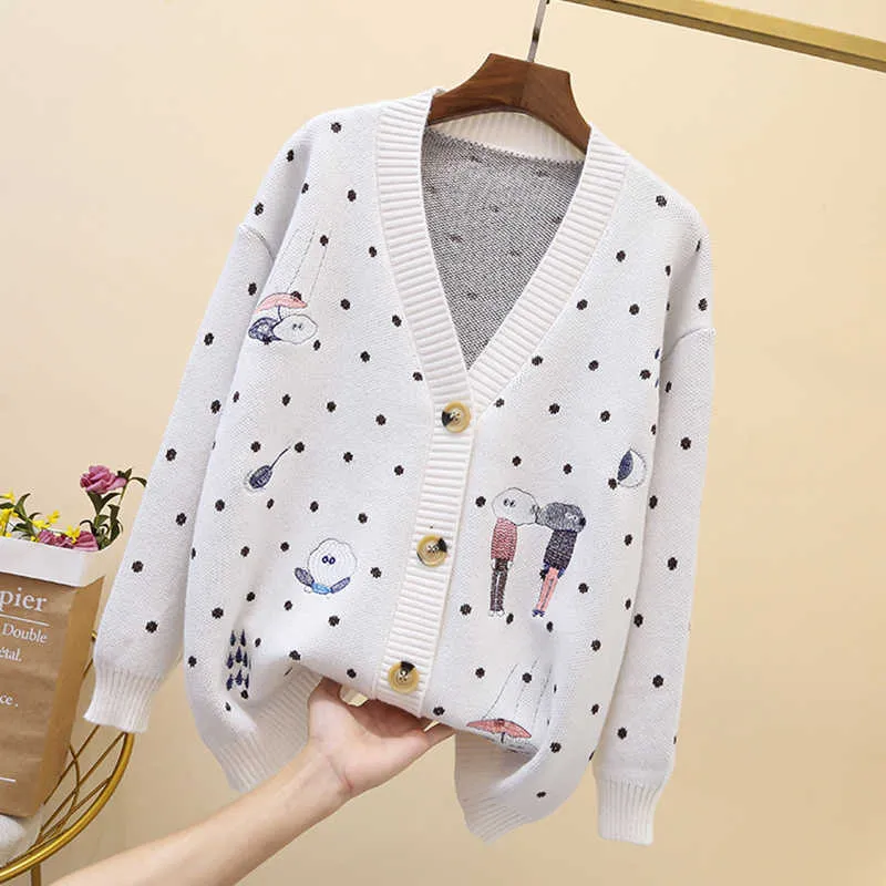 Azyt Autumn Dot Cartoon Print Gebreide Cardigan Vrouwen V Hals Lange Mouw Knitshirt Tops Vrouwelijke Harajuku Geport Sweater Coat 210917