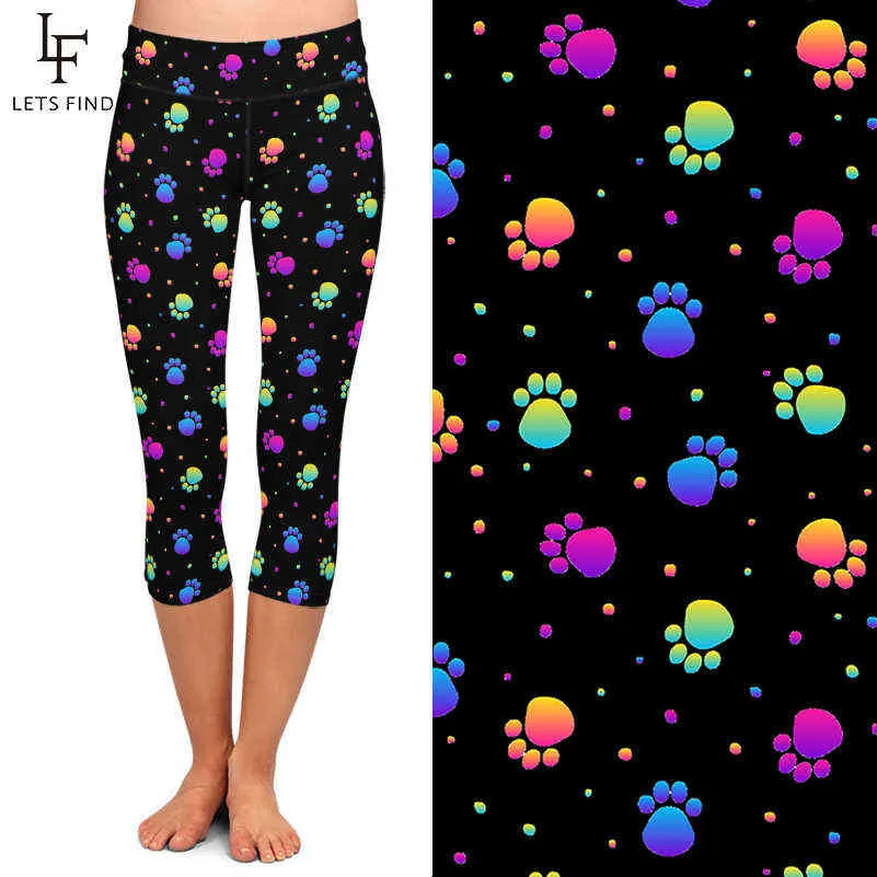 LETSFIND High Quaility 3D Colorful Dog PAWS Digital Printing Leggings Waist Plus Size Slim Women Mid-Calf Legging 210925