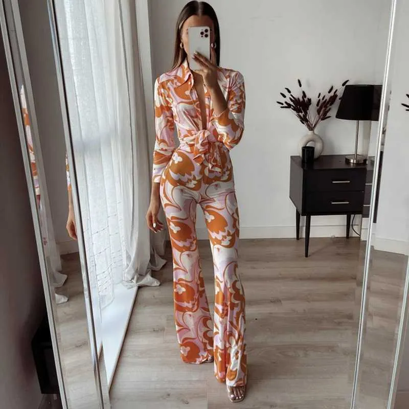 Vintage kobieta pomarańczowy szczupły druk shirt sets wiosna elegancka kobieta kwiat pasujące damskie Streetwear Długie rękaw Garnitury 210930