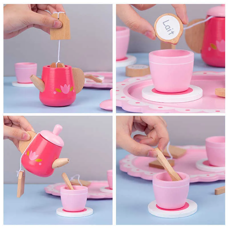 Симуляционный чайный набор чайников детей 039s Играть в дом кухня набор для дневного чайного десерта торт с мороженым деревянные игрушки раннего образования 9702535