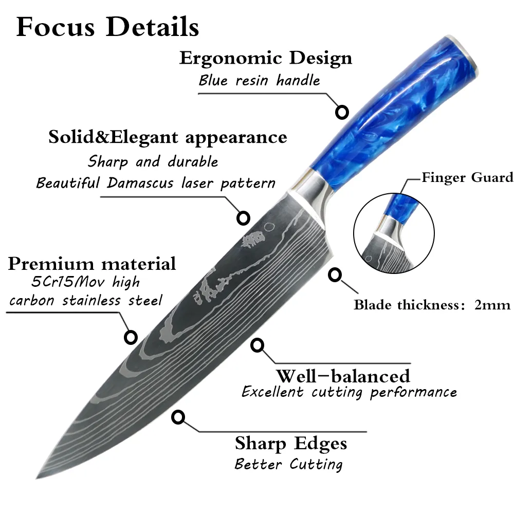 Noża kuchenne Ustaw niebieską żywicę Szef Chef Lnife Laser Eamascus Wzór japońskiego stali nierdzewnej Santoku Cleaver Cleing Tools223z