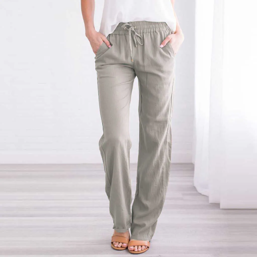 Pantalon large femmes été couleur unie poche ample coton lin pantalon femme décontracté cordon surdimensionné droit Long pantalon X0629