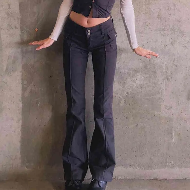 Y2k Esthétique Bord Mince Taille Basse Noir Flare Pantalon Femmes E-Girl Vintage Poches Latérales Solide Automne Harajuku Années 90 Long Pantalon 210510