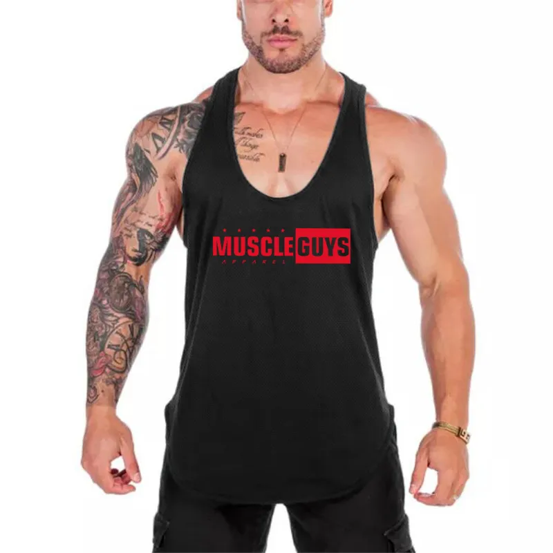 Muscleguysブランドの服夏のメッシュクイックドライボディビルのストリンガータンクトップ男性フィットネスノースリーブシャツジムアンダーシャツ210421