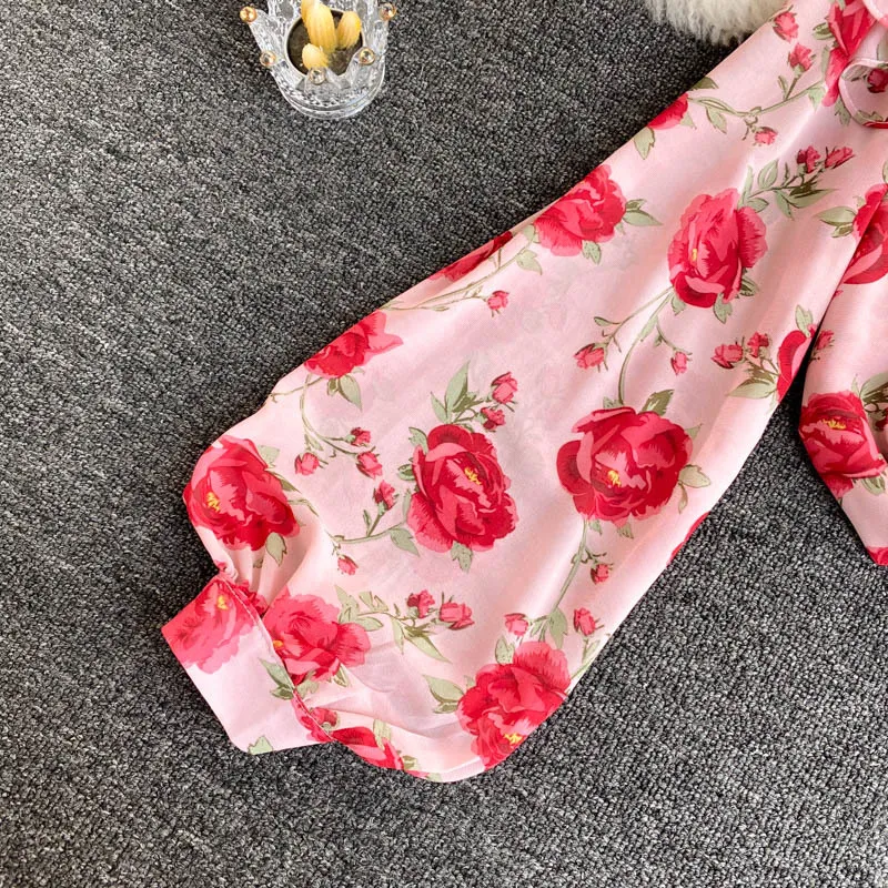 Kadınlar Fransız Tatlı Baskı Bluz Tasarım Standı Yaka Puf Kol Slim Tops Sonbahar Kore Tarzı Rahat Chic Çiçek Bluz 210419